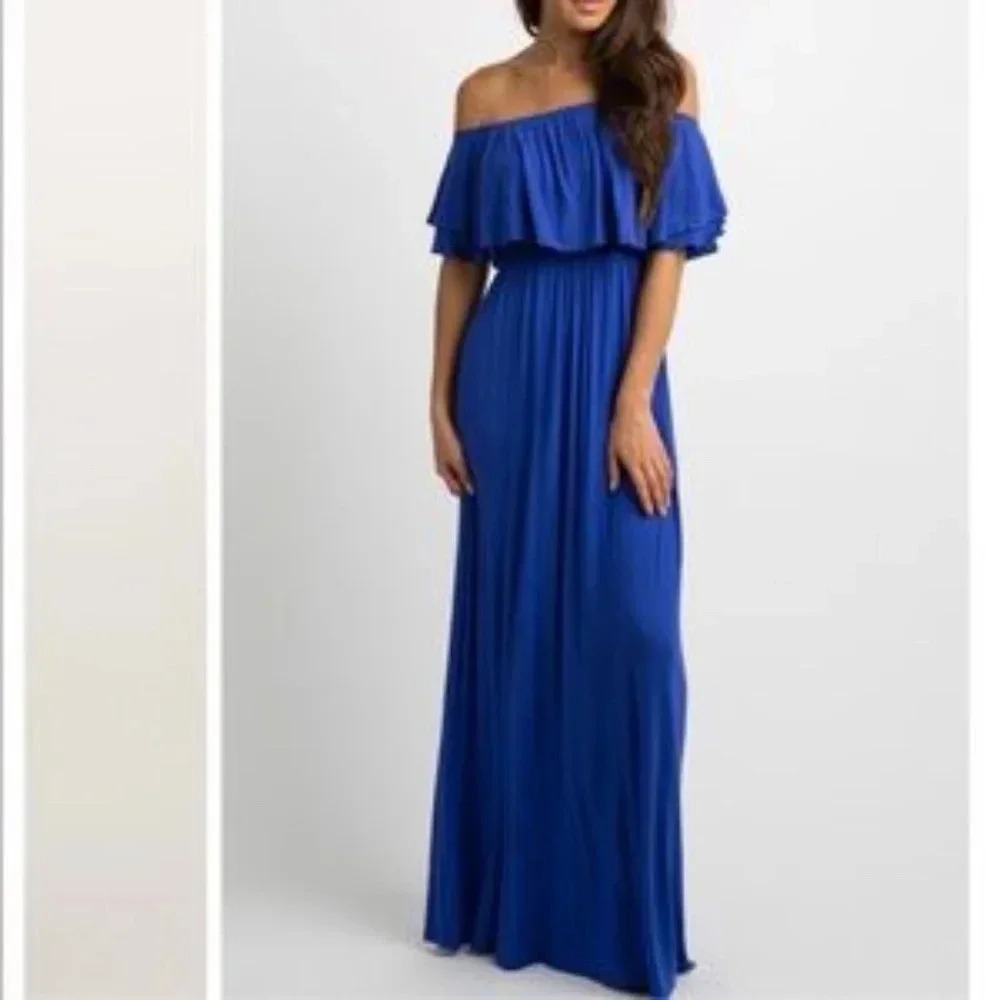 New PinkBlushRoyal Blue Off Shoulder Ruffle Maxi